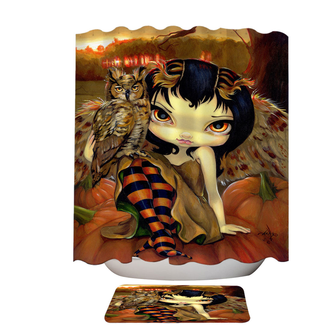 The Owl Fairy Owlyn in Autumn Sitting on Pumpkins Shower Curtain