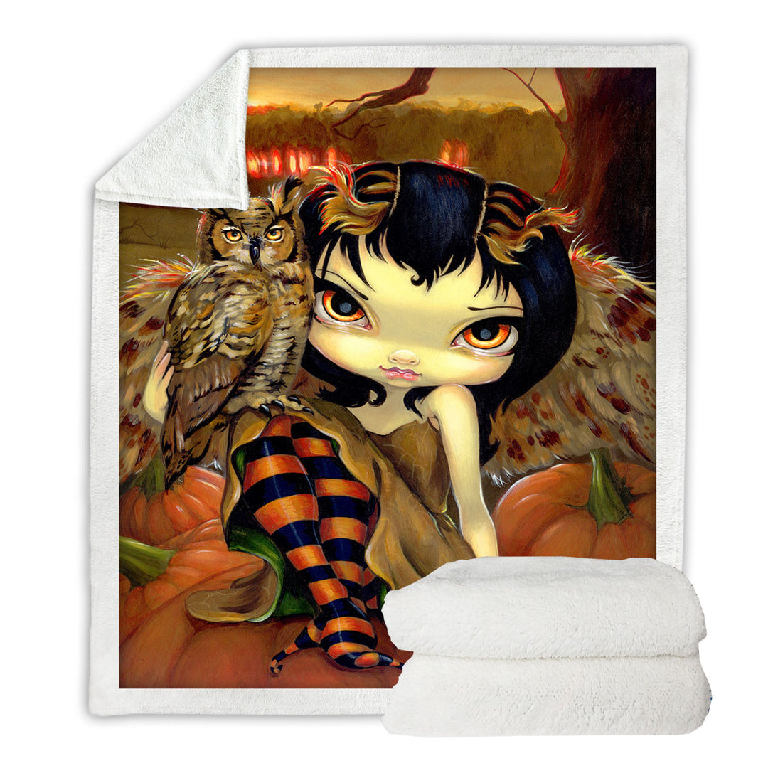 The Owl Fairy Owlyn in Autumn Sitting on Pumpkins Throw Blanket