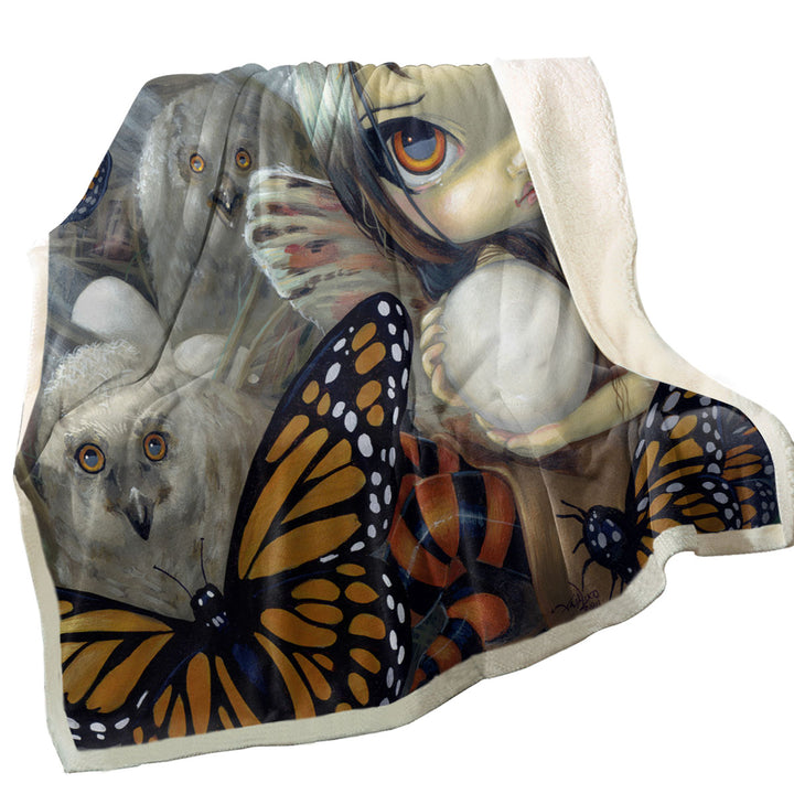 The Owl Fairy Owlyn in the Nest with Butterflies Fleece Blankets