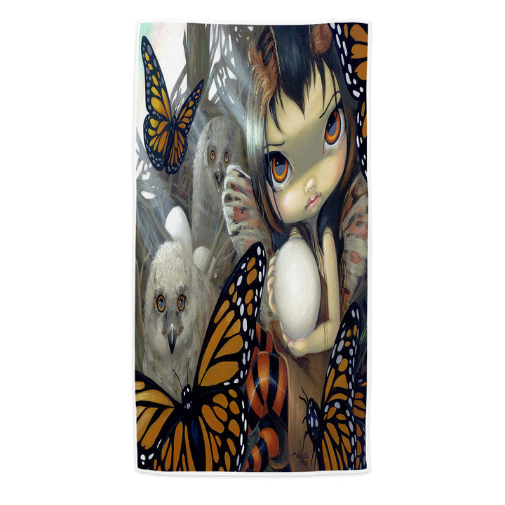 The Owl Fairy Owlyn in the Nest with Butterflies Microfiber Beach Towel