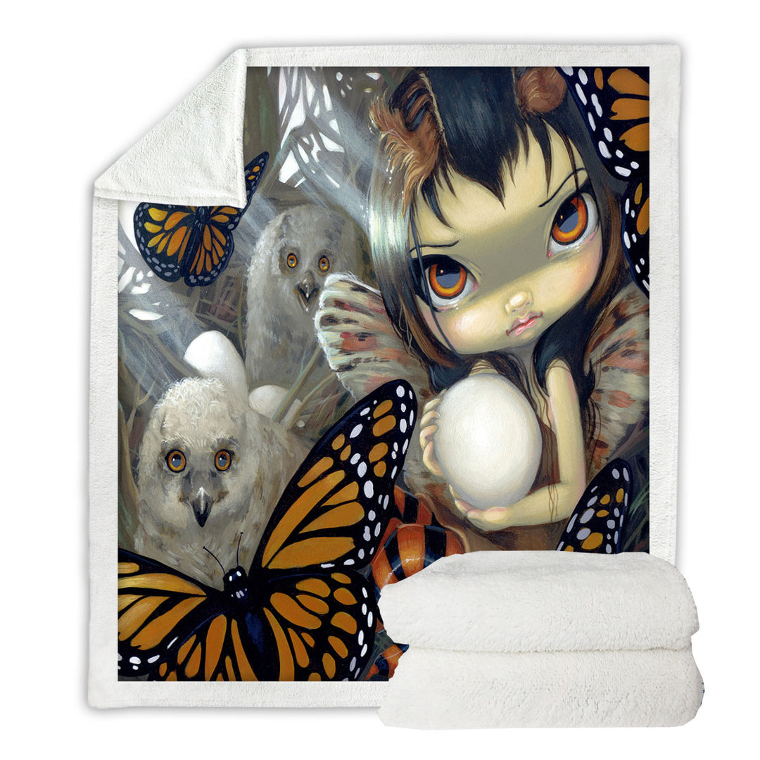 The Owl Fairy Owlyn in the Nest with Butterflies Sherpa Blanket