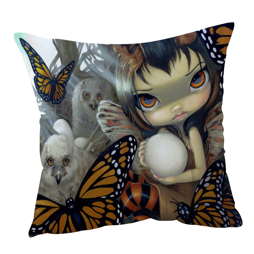 The Owl Fairy Owlyn in the Nest with Butterflies Throw Pillow Cover