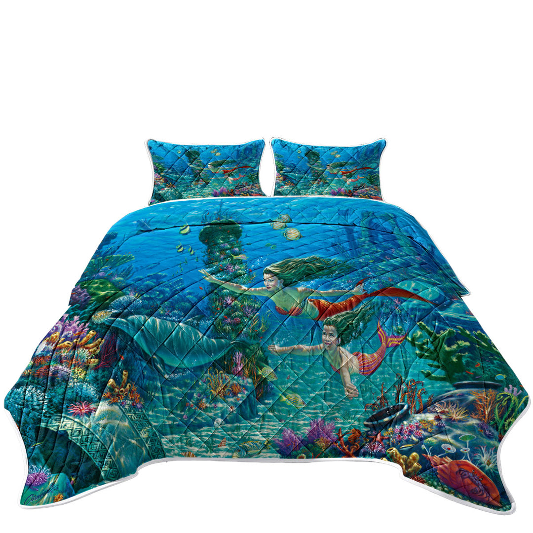 The Swimming Lesson Mermaids Underwater World King Size Quilt