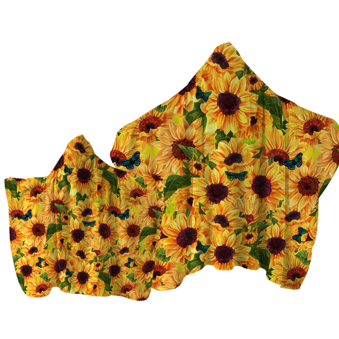 Thick Sunflowers and Butterflies Hooded Beach Towel