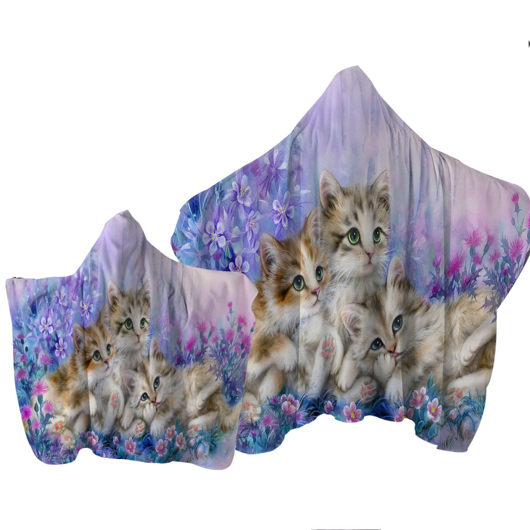 Three Little Kittens in the Flower Garden Hooded Beach Towel