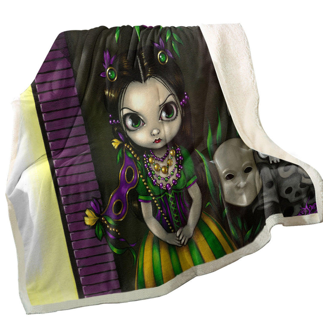 Throw Blanket with Ghosts of Mardi Gras Lovely Maiden and Masks