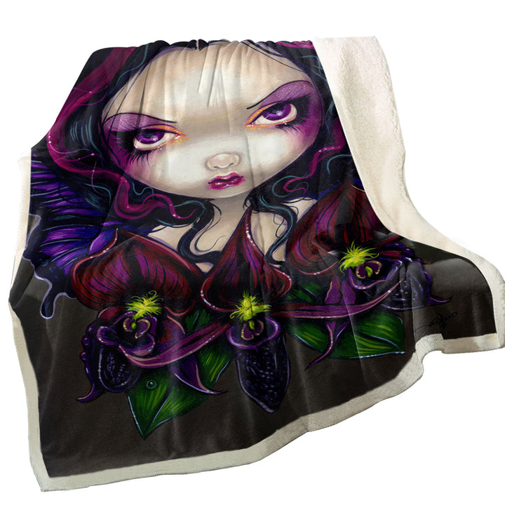 Throw Blankets with Black Orchid Fairy