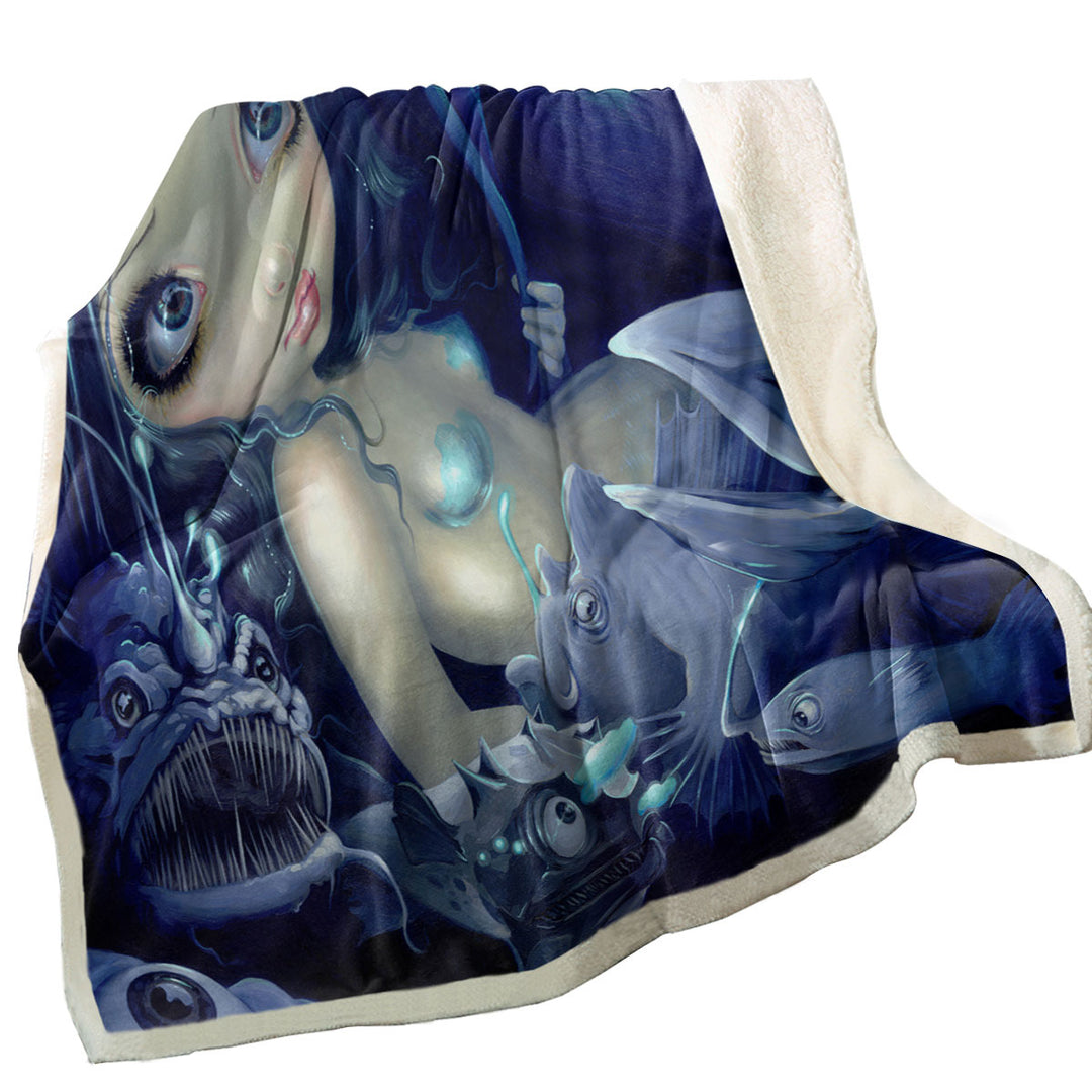 Throw Blankets with Scary Underwater Art Fish and Mermaid