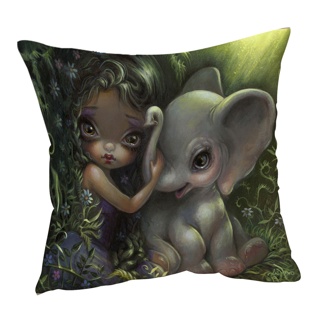 Throw Cushions with Cute Art Big Eyed Maiden with Elephant Friend