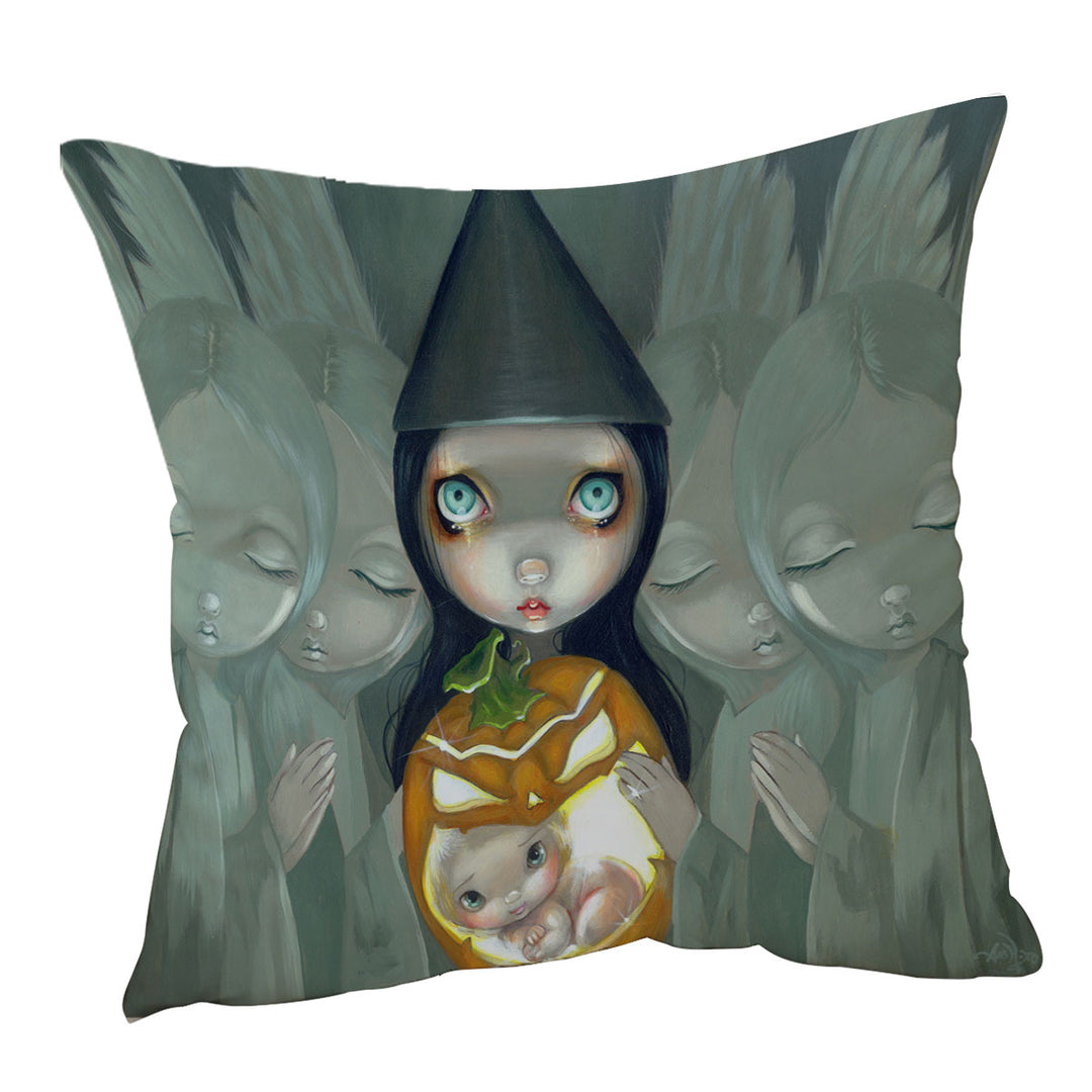 Throw Pillows with Big Eyed Witch Born Of a Pumpkin Baby