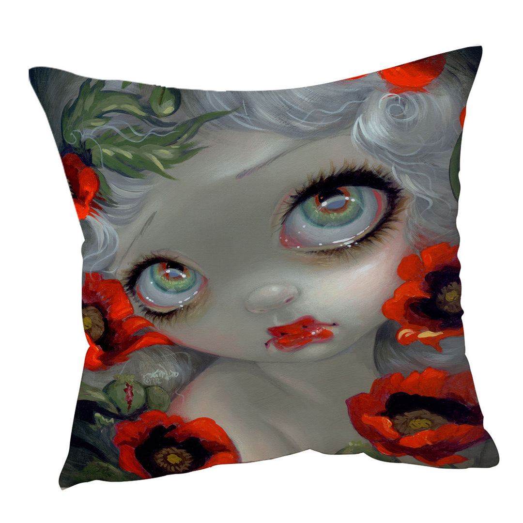 Throw Pillows with Poisonous Beauties Opium Poppy Girl and Flowers