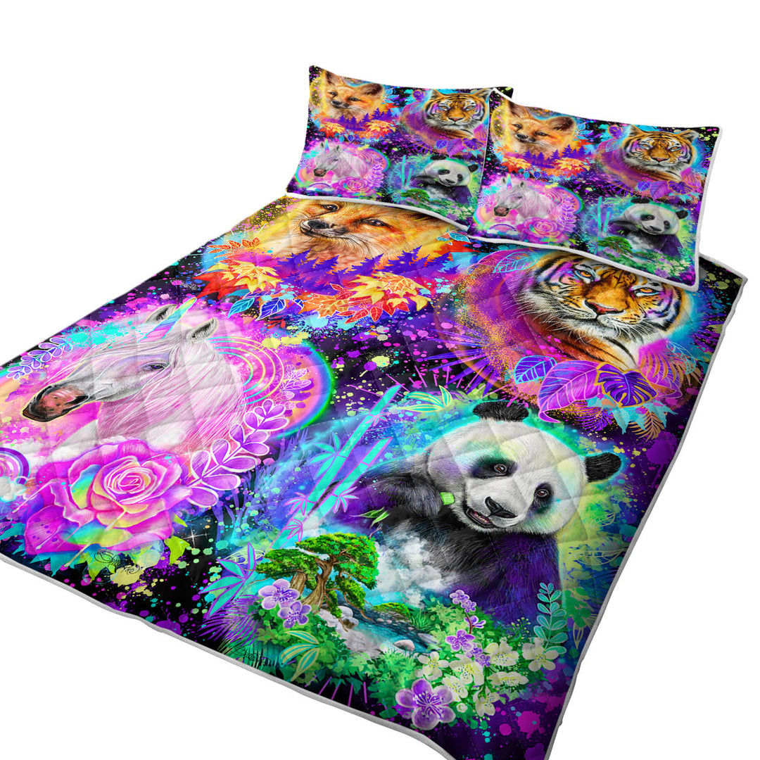 Tiger Fox Panda Unicorn Animal Spirits Collage Coverlets