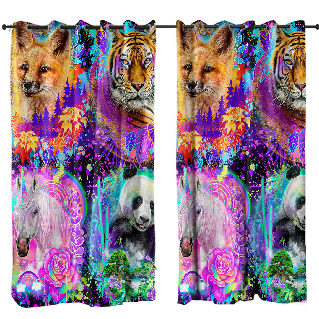 Tiger Fox Panda Unicorn Animal Spirits Collage Drapes and Curtains