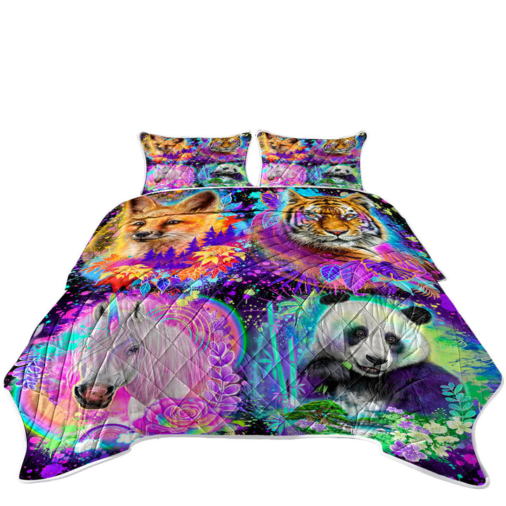 Tiger Fox Panda Unicorn Animal Spirits Collage King Size Quilt Sets