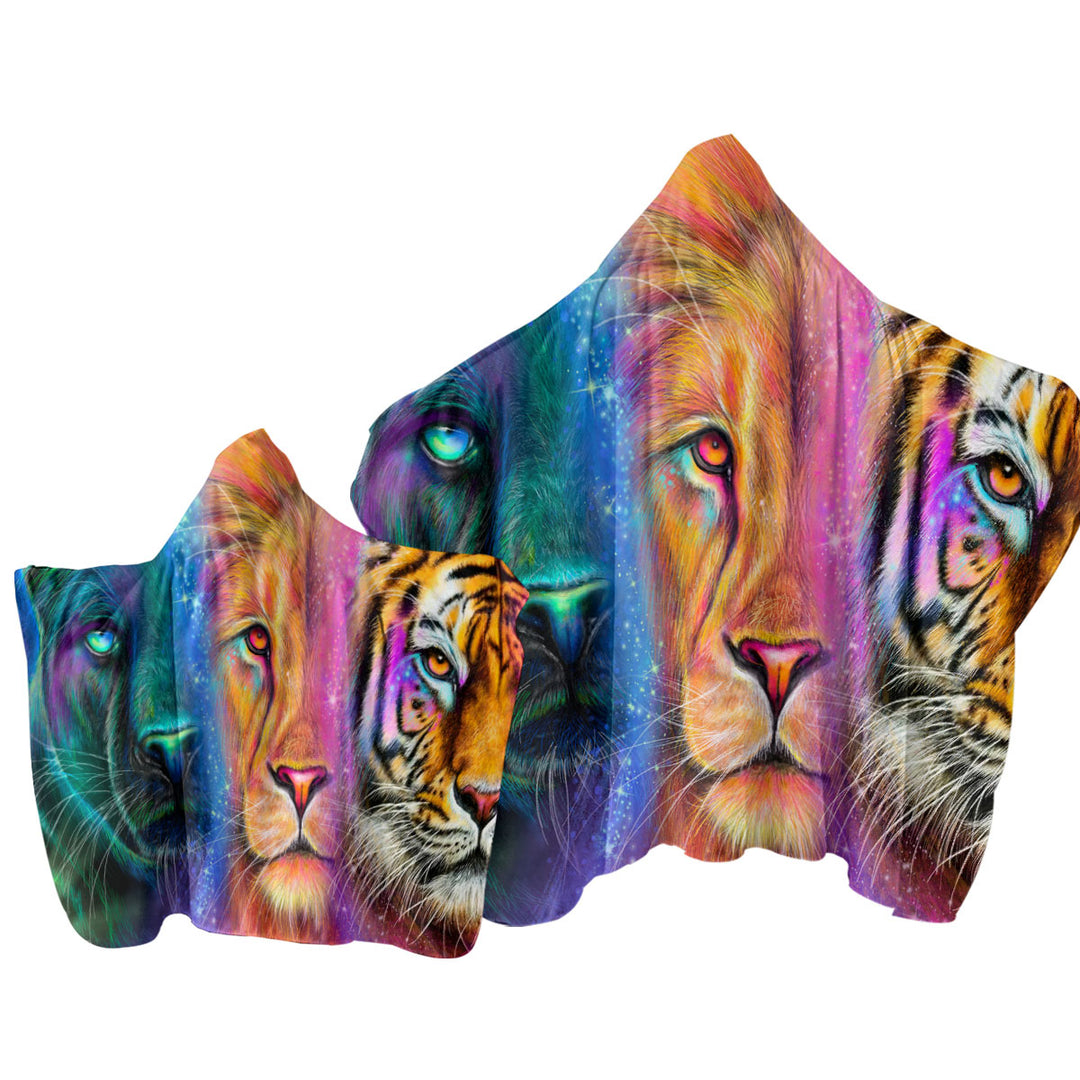 Tiger Lion Panther Faces of Nature Neon Big Cats Hooded Beach Towel