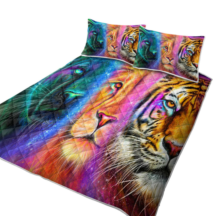 Tiger Lion Panther Faces of Nature Neon Big Cats King Quilt