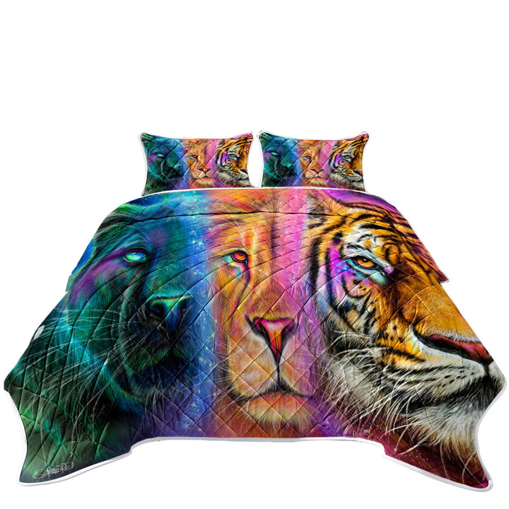 Tiger Lion Panther Faces of Nature Neon Big Cats King Size Bedspreads