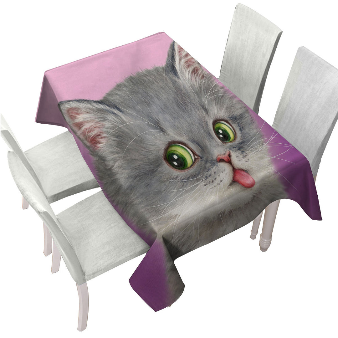 Tongue Out Funny Face Grey Kitten Cat Table Cover