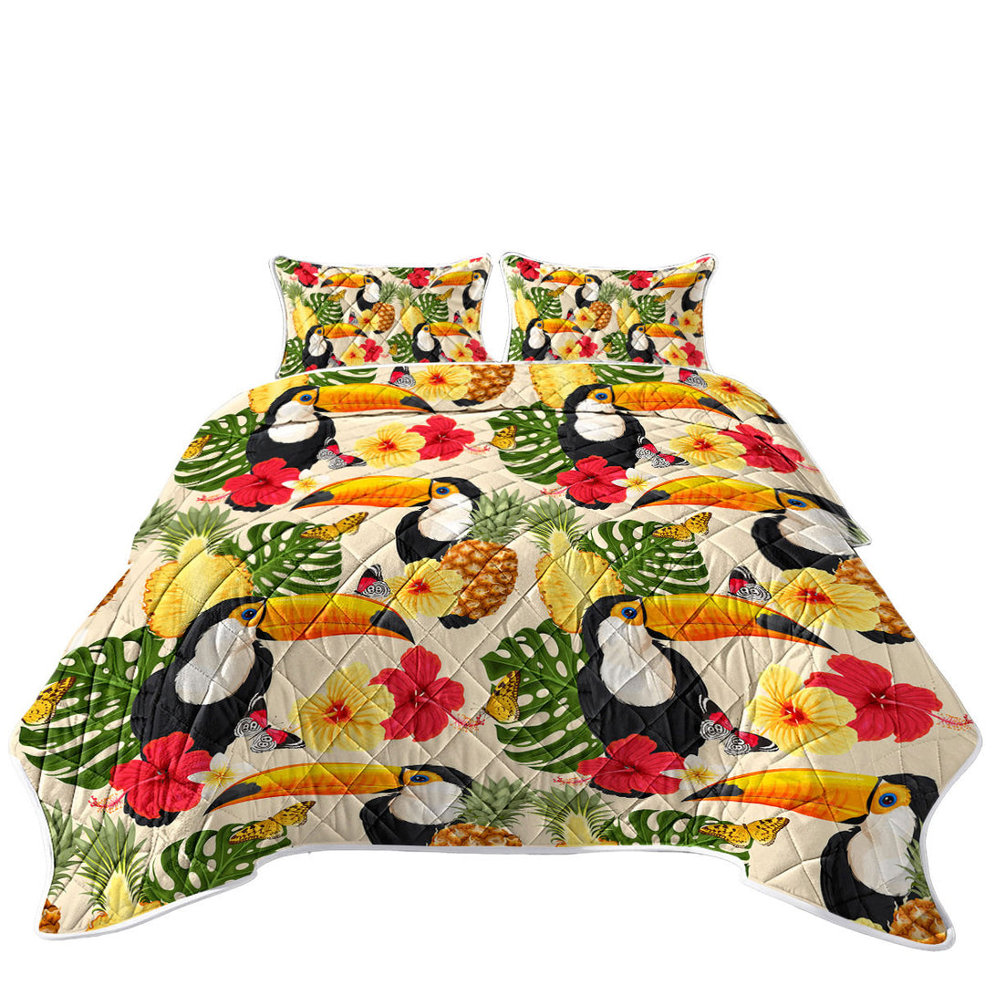 Toucans Tropical Flowers and Pineapple California King Quilt Sets