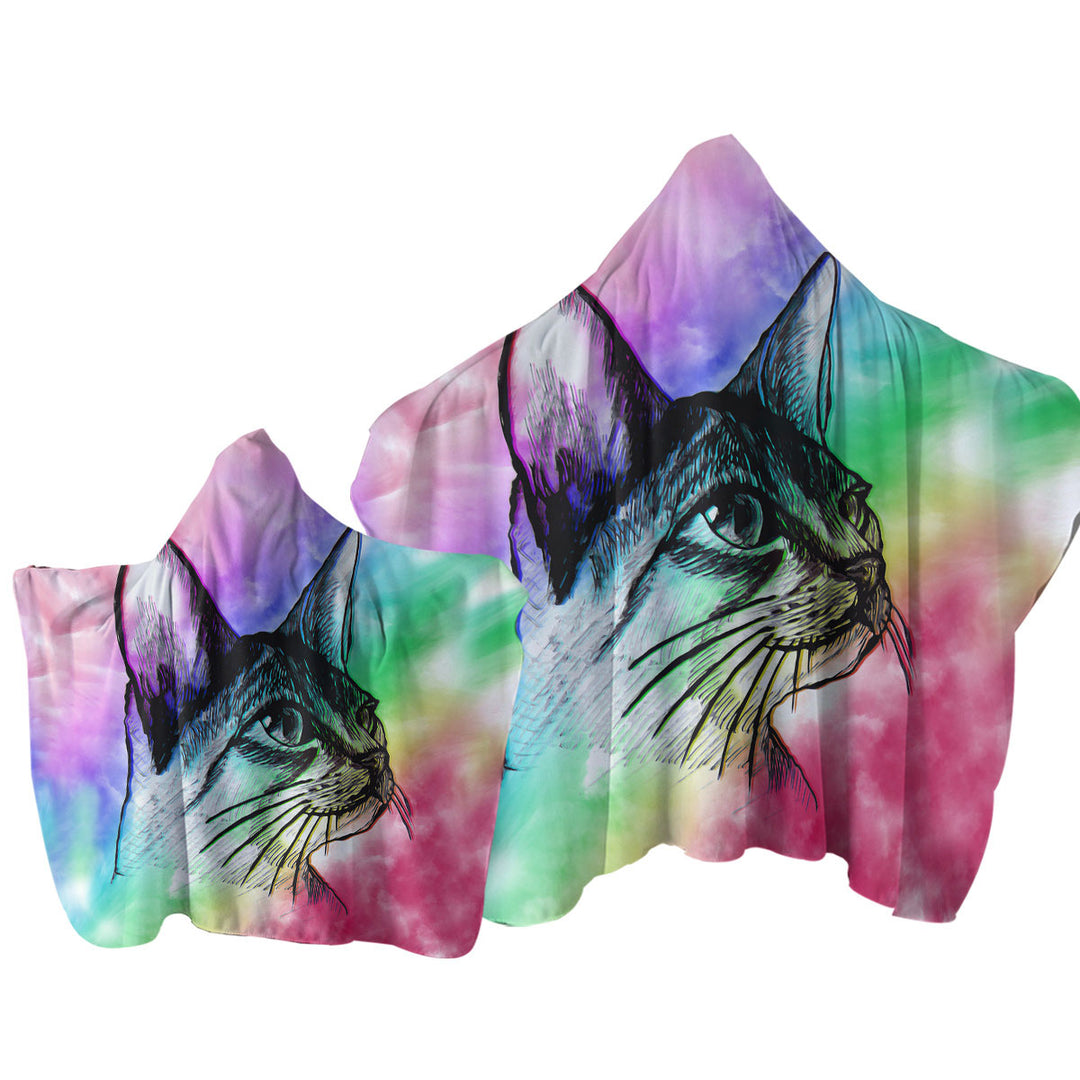 Towel Hoodie with Art Cat Drawing over Colorful Fog