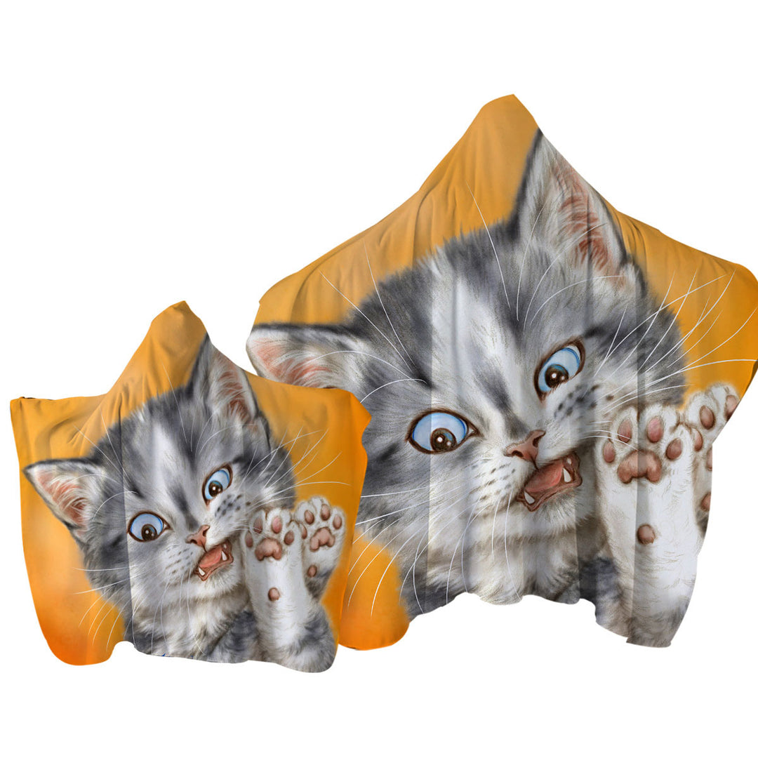 Towel Hoodie with Beautiful Cats Drawings Grey Kitten over Orange