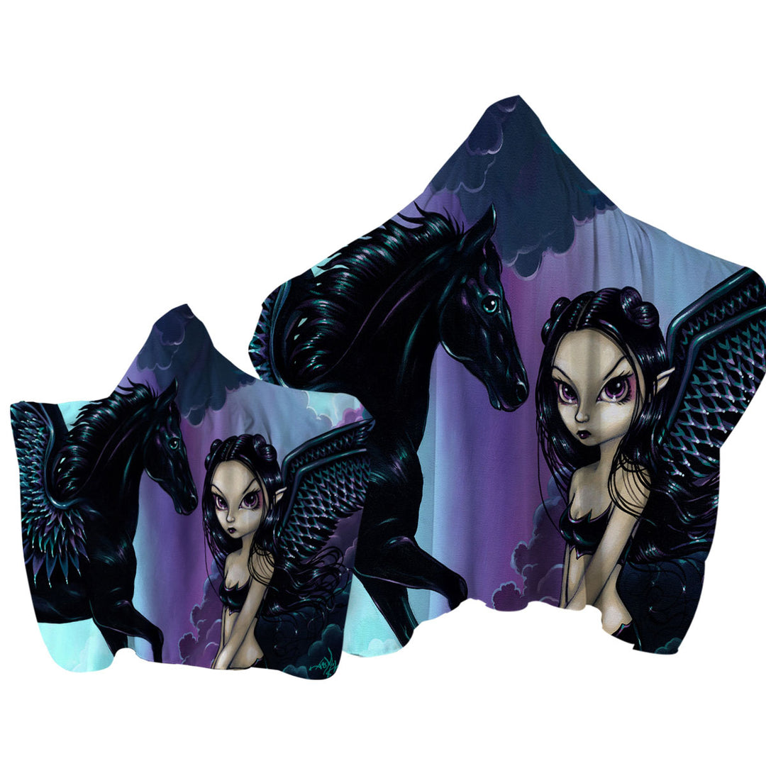 Towel Hoodie with Black Wings Fairy and Dark Pegasus