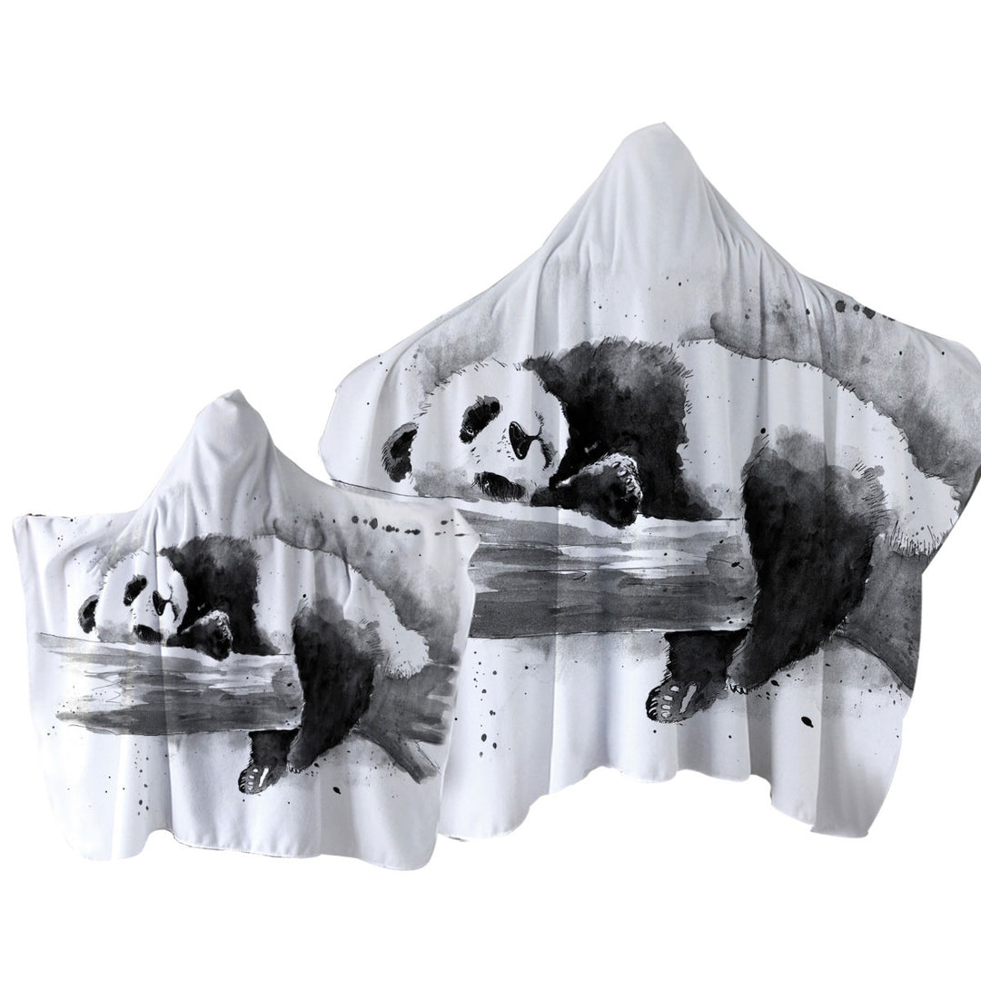 Towel Hoodie with Black and White Drawing of a Cute Sleeping Panda