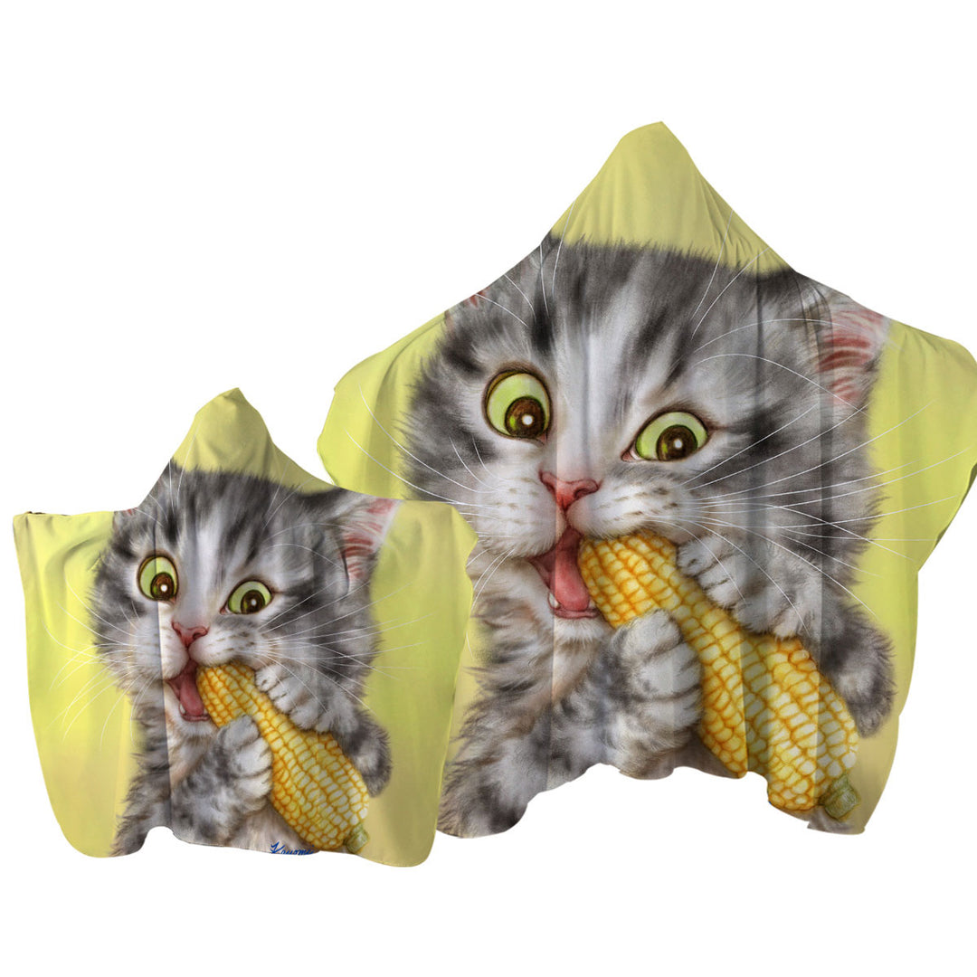 Towel Hoodie with Cats Funny Art Painting Grey Tabby Eating Corn