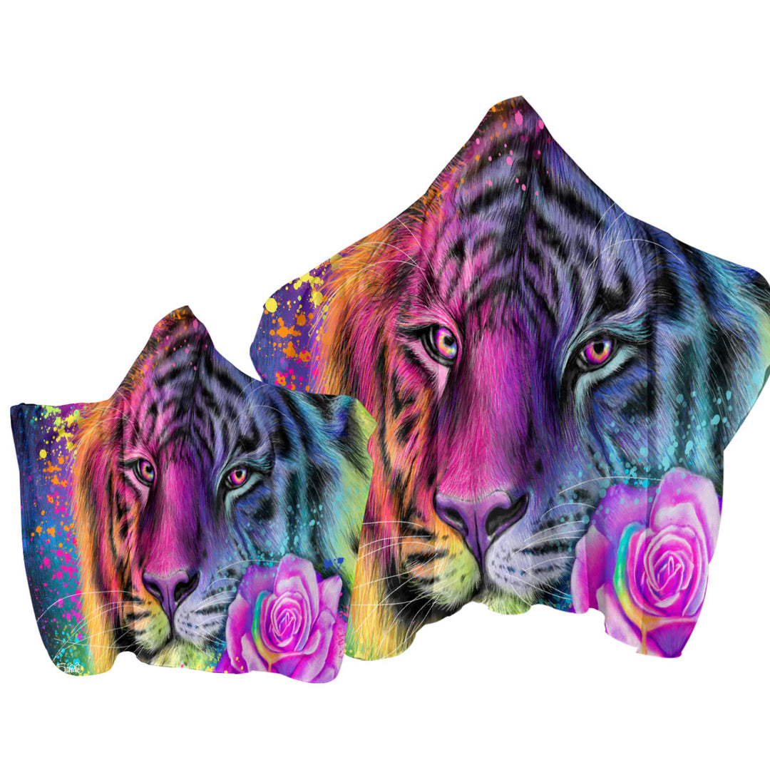 Towel Hoodie with Colorful Animal Art Neon Rainbow Tiger