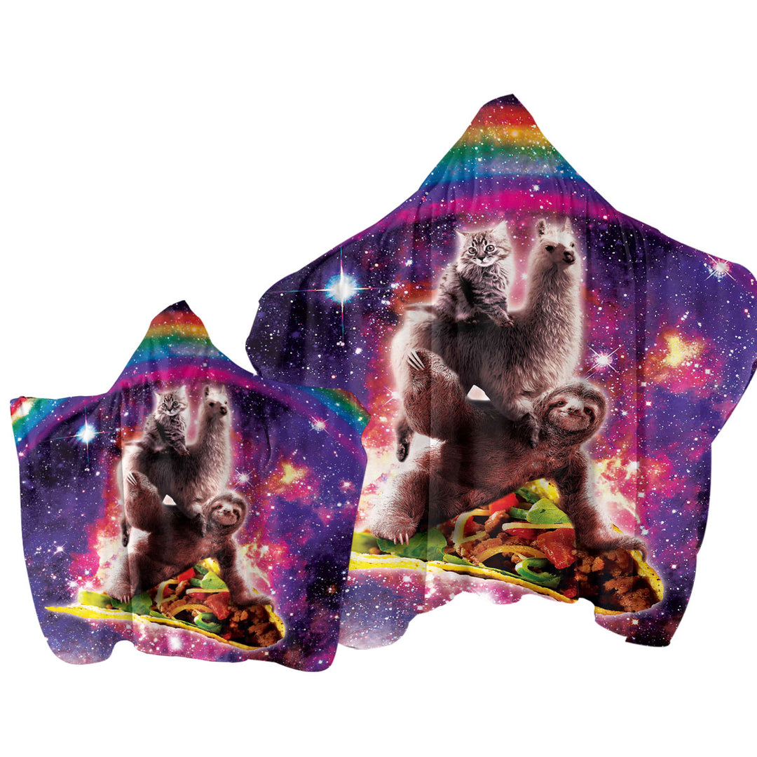 Towel Hoodie with Cool Funny Crazy Art Space Cat Llama Sloth Riding Taco