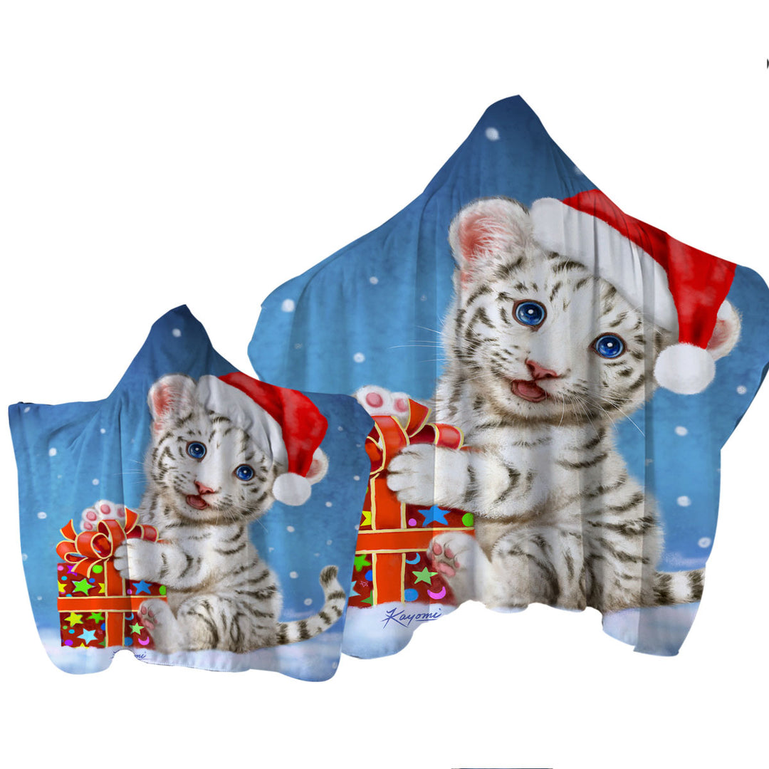 Towel Hoodie with Cute Christmas Design White Tiger Cub Gift