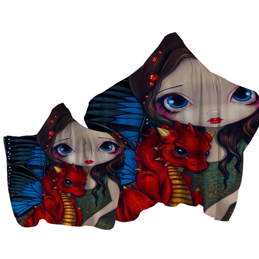 Towel Hoodie with Fantasy Art Girl and Baby Red Dragon