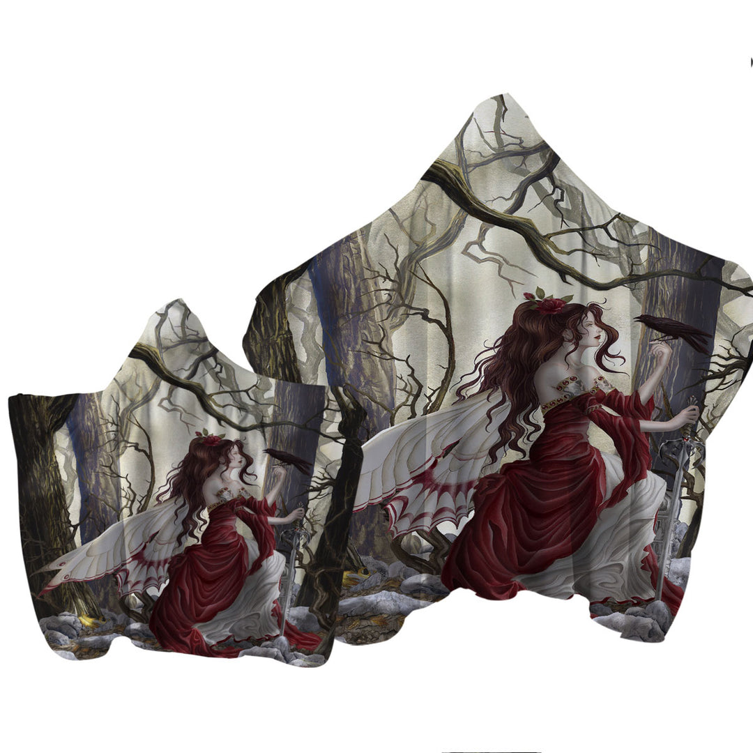 Towel Hoodie with Fantasy Art the Red Fairy and Her Crow