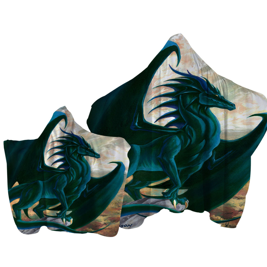 Towel Hoodie with Fantasy Painting Green Dragon on Cliff