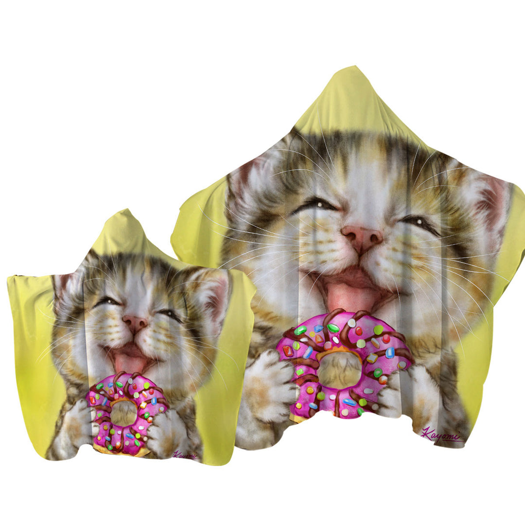 Towel Hoodie with Funny Cats Happy Tabby Kitten Eating Doughnut