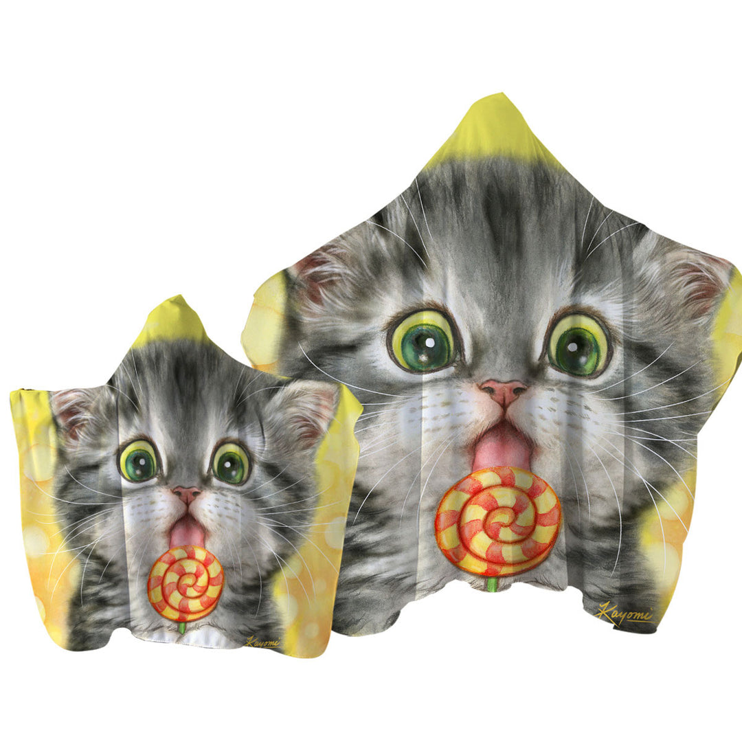 Towel Hoodie with Funny Kids Designs Licking Lollipop Kitty Cat