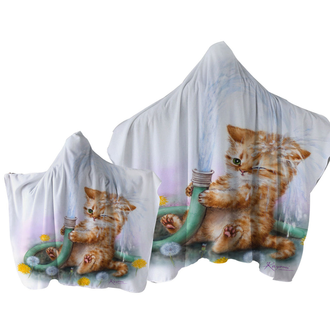 Towel Hoodie with Funny Paintings for Kids Ginger Kitten Bath Time