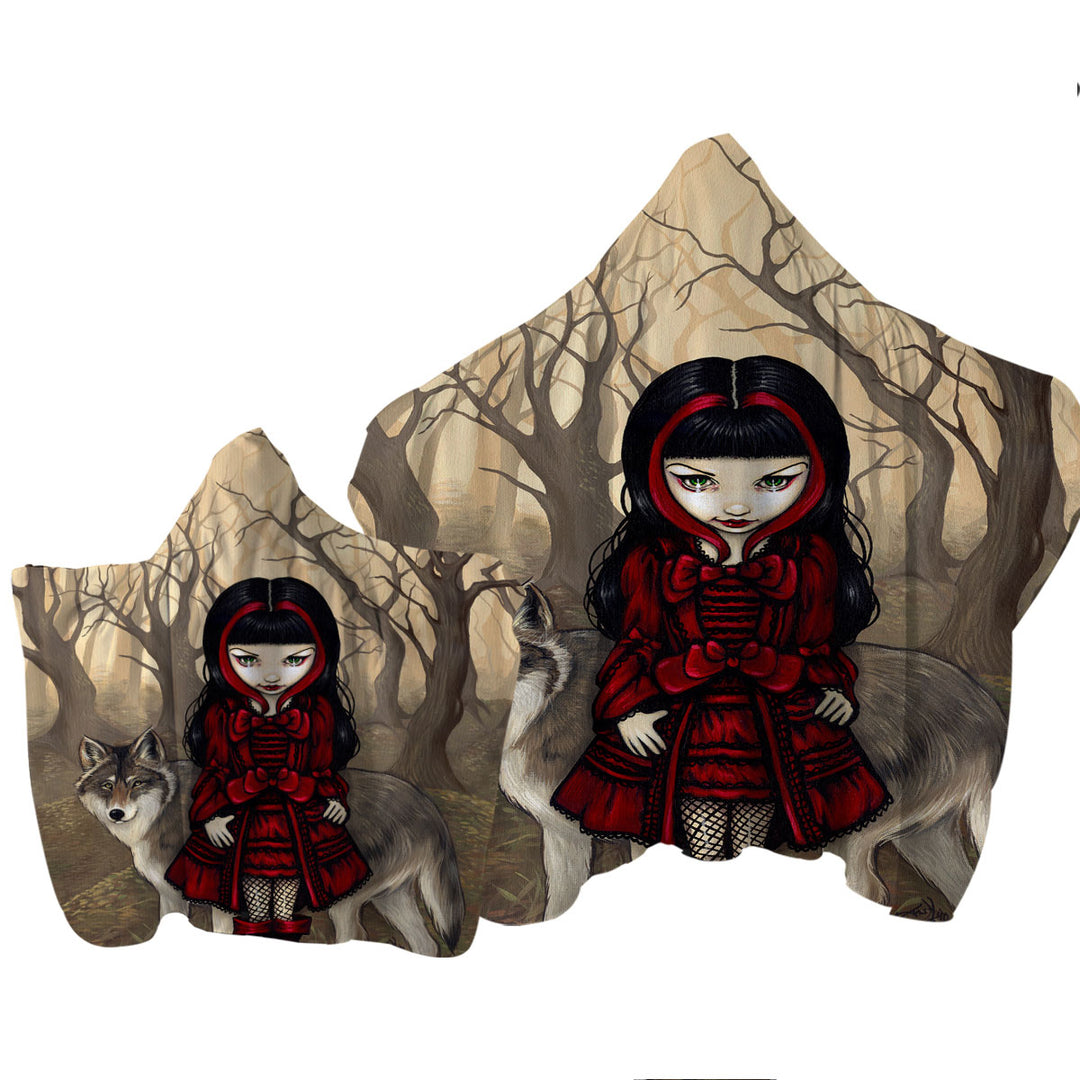 Towel Hoodie with Gothic Style Wolf and Red Riding Hood in Autumn