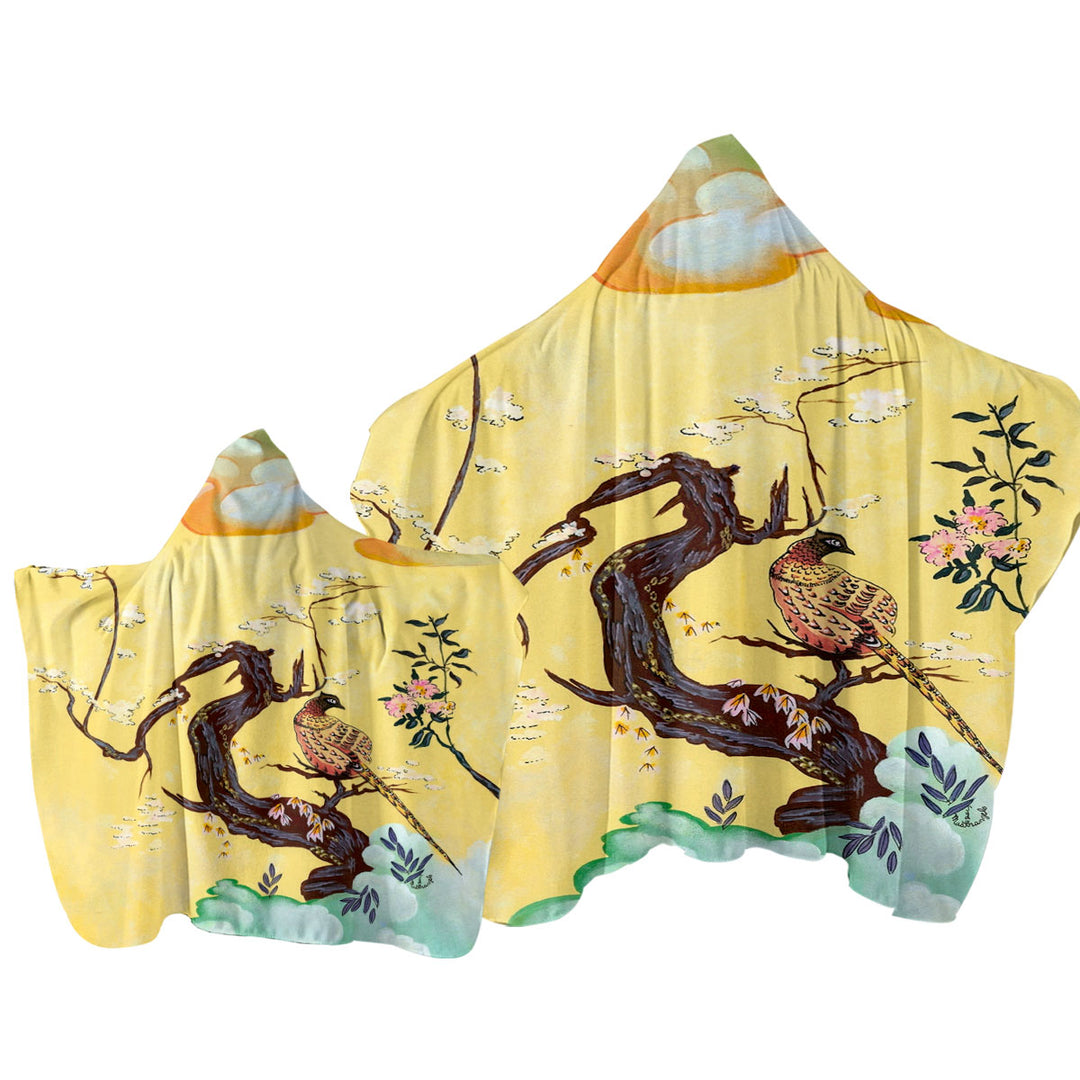 Towel Hoodie with Japanese Art Painting Asian Bird