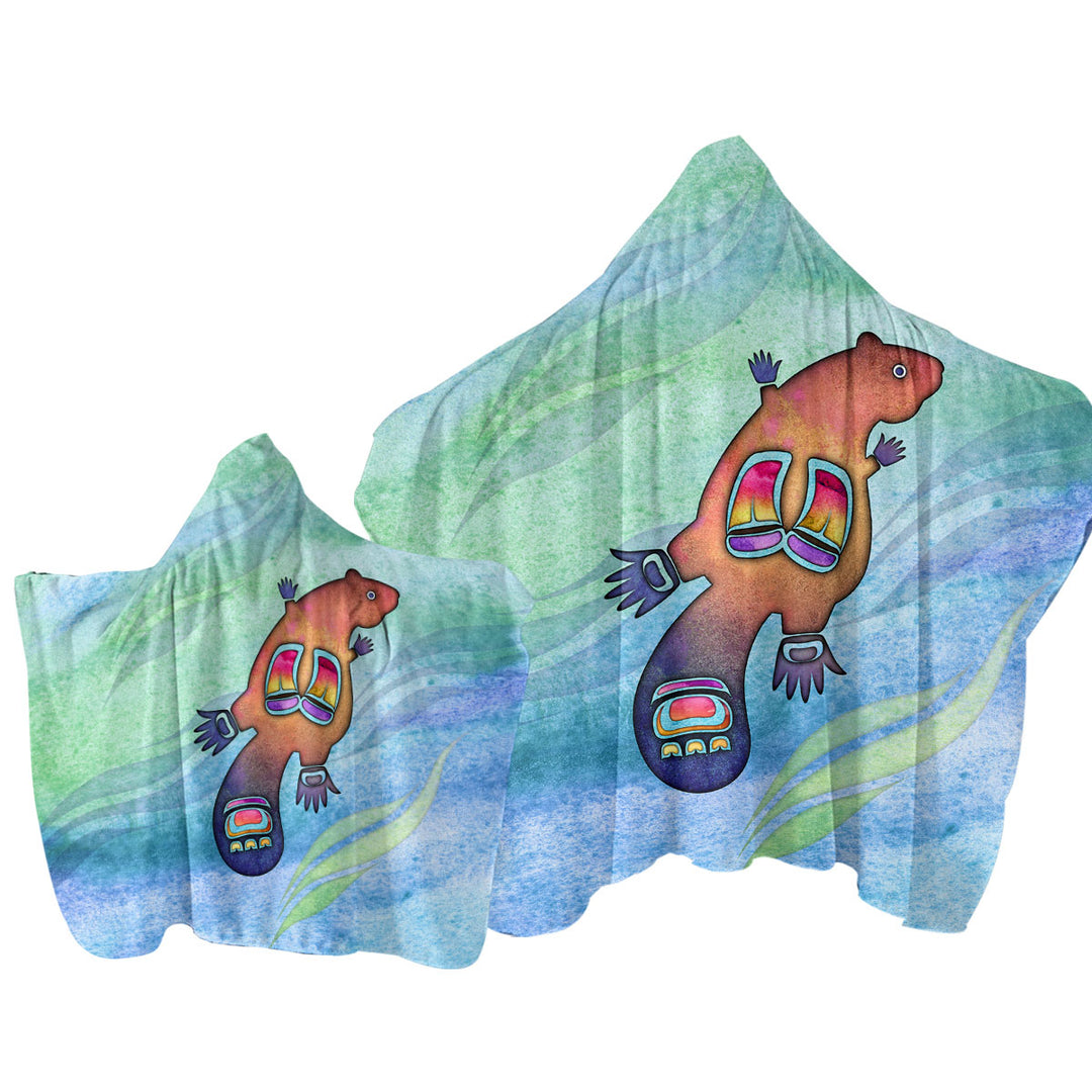 Towel Hoodie with Native American Art Cute Painted Beaver