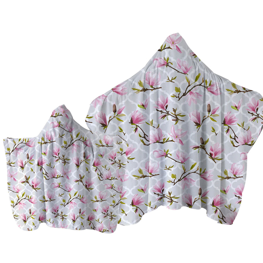 Towel Hoodie with Pink Flowers Over Grey Moroccan