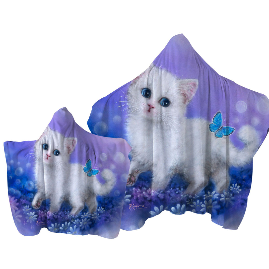 Towel Hoodie with Purplish Garden White Kitten and Butterfly