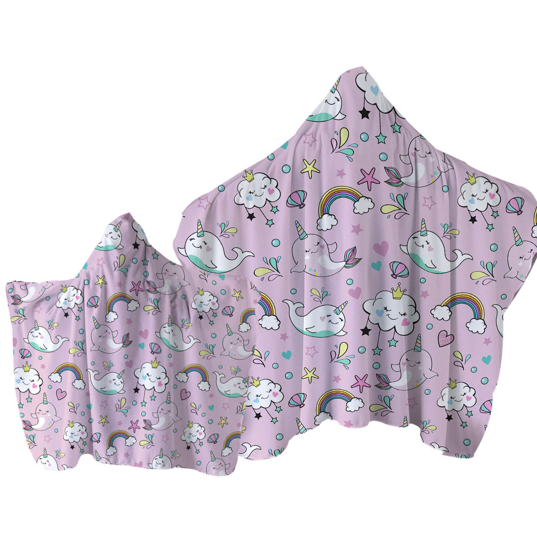 Towel Hoodie with Rainbow Whales and Clouds