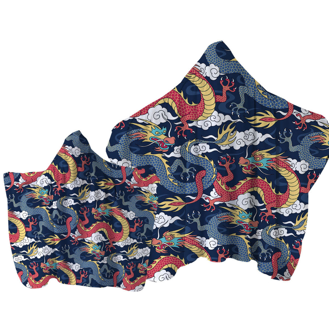 Towel Hoodie with Red and Blue Chinese Dragons