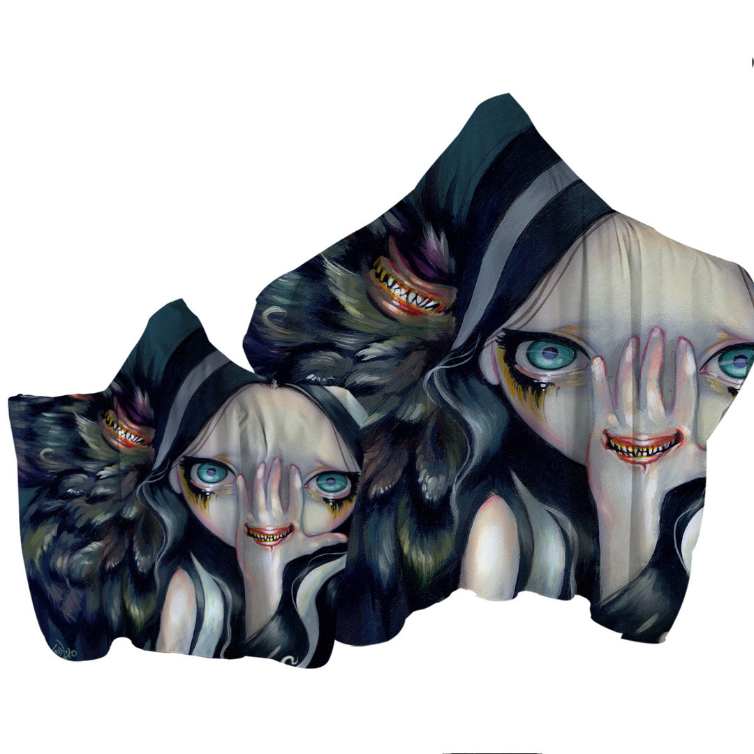 Towel Hoodie with Scary Gothic Art Speak No Evil Yokai Demon Girl