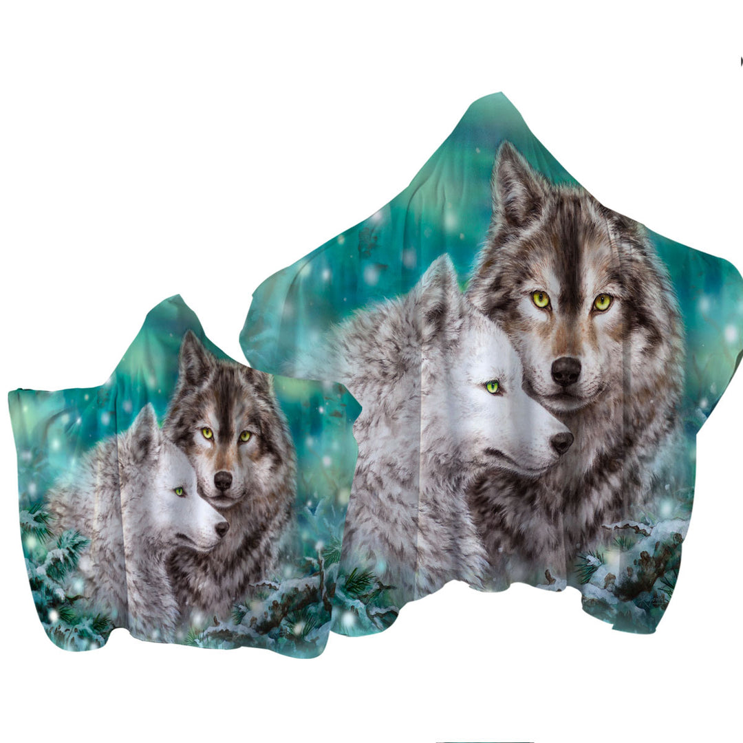 Towel Hoodie with Snowy Forest Wolves Couple Duet