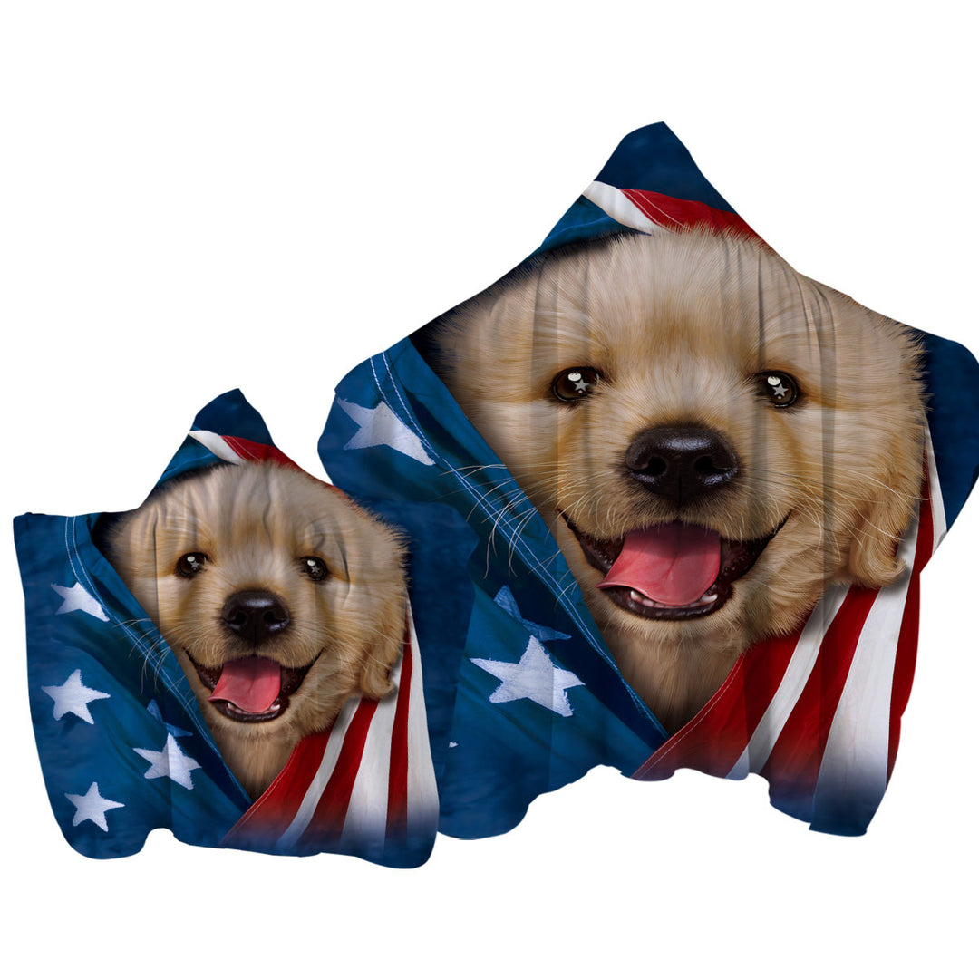 Towel Hoodie with USA Flag Cute Golden Labrador Puppy