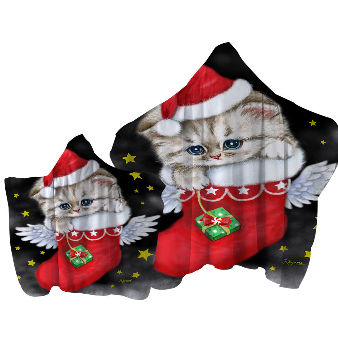 Towel with Hood with Adorable Tabby Kitty in Red Angle Christmas Sock