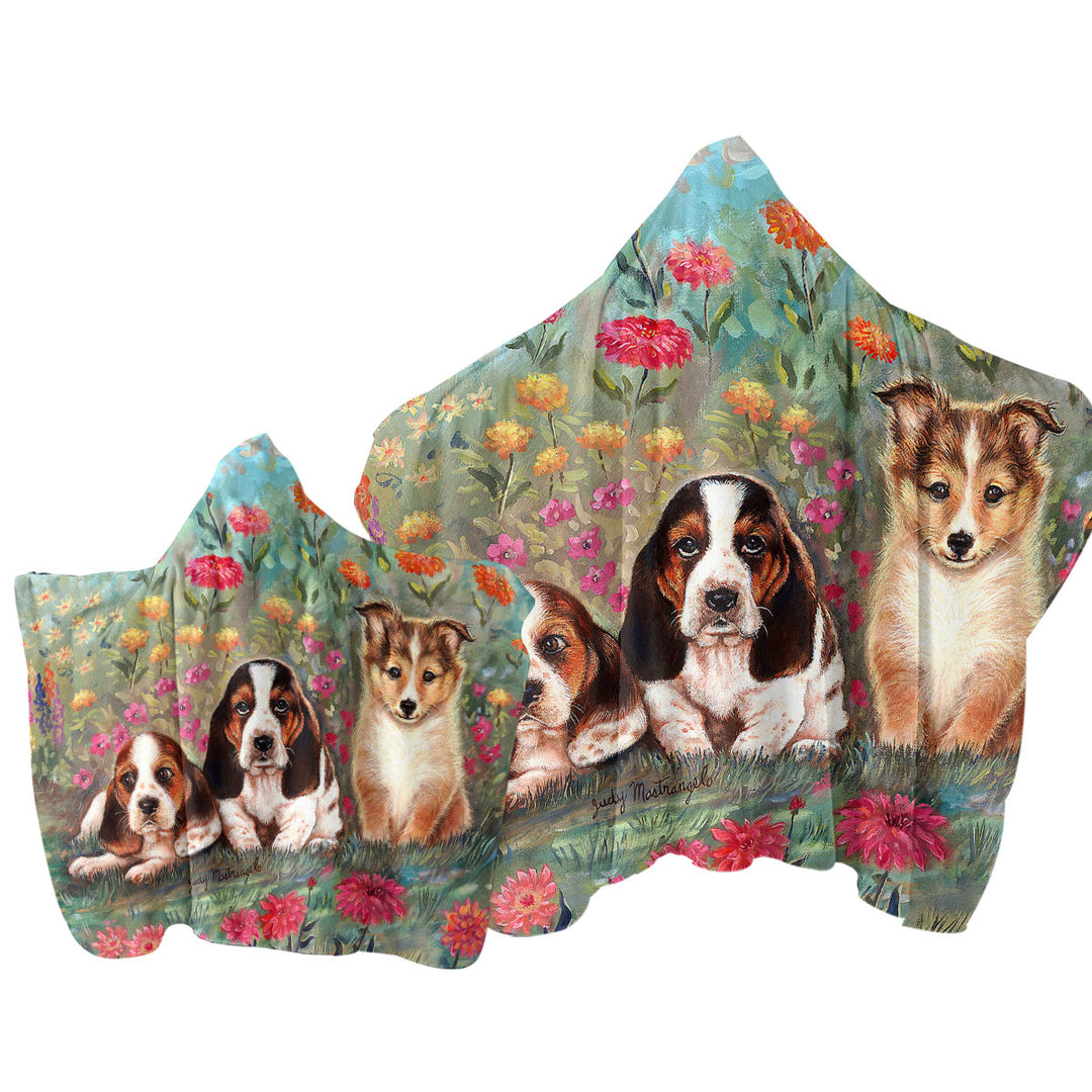 Towel with Hood with Art Painting Cute Dog Puppies and Flowers