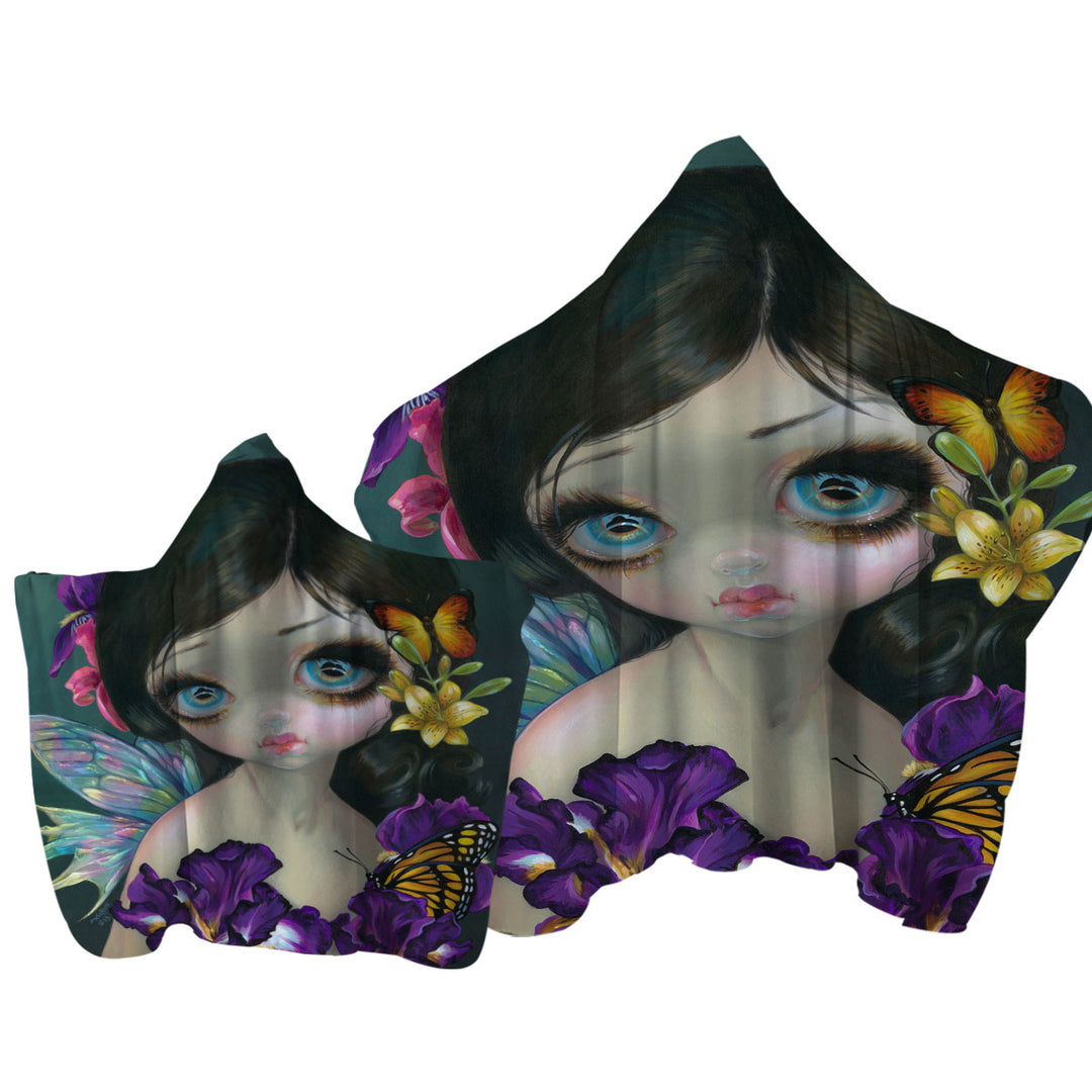 Towel with Hood with Beautiful Girl Fairy with Iris Enchantment Flowers